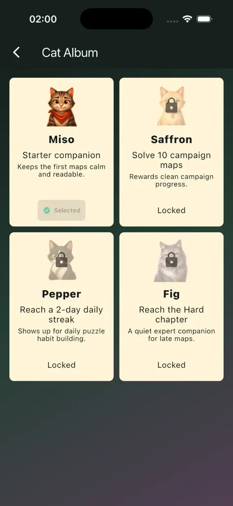 Whisker Map: Cat Logic progression on iPhone