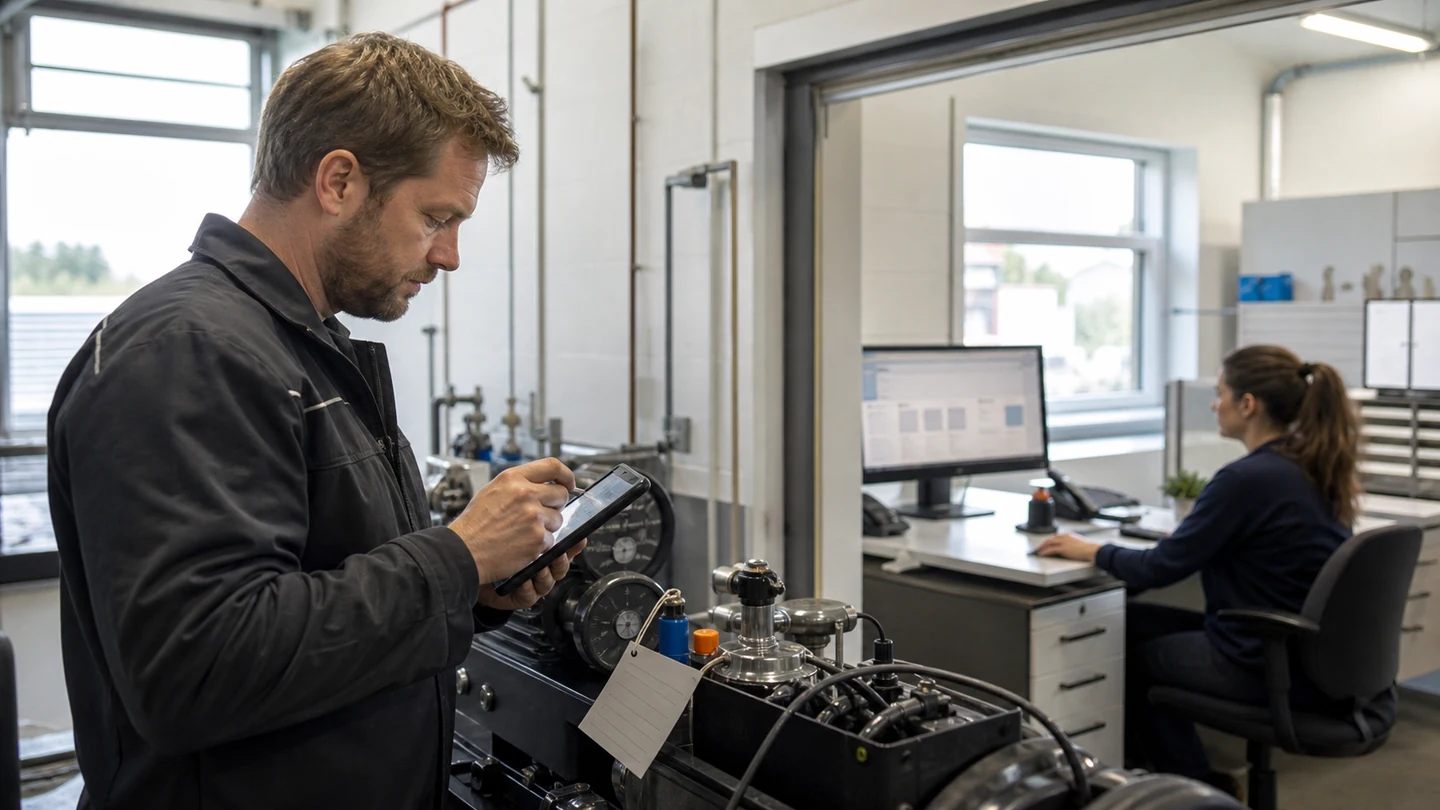 A technician uses a mobile application while a colleague follows the job from the office