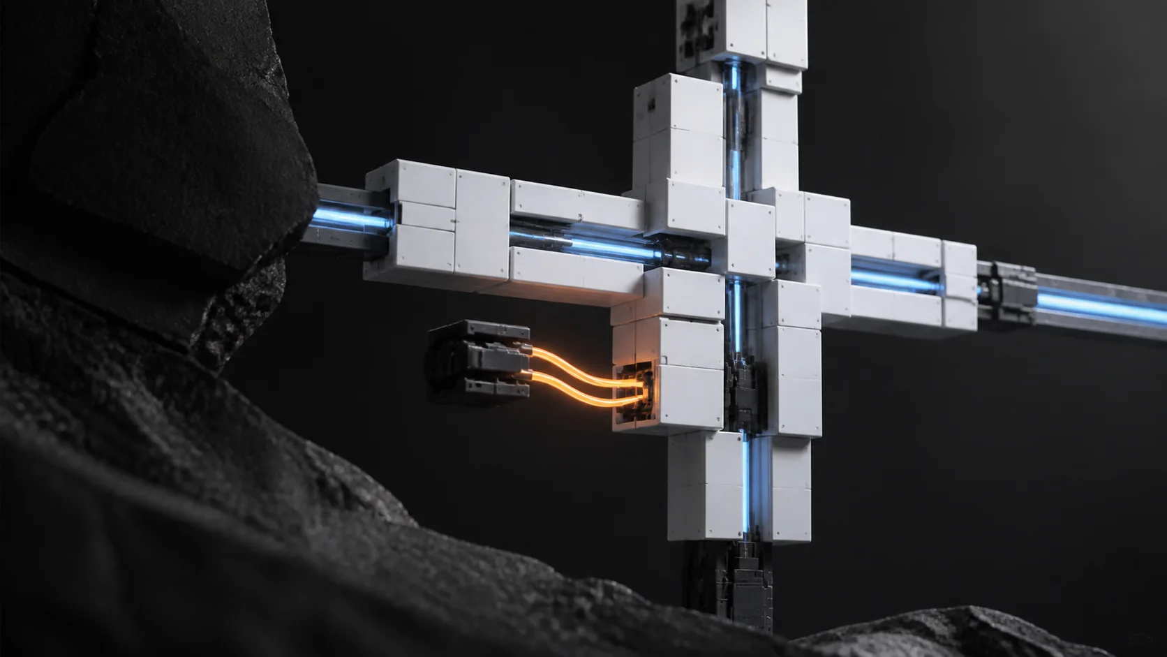FUTURISTIC illustration: white modules and illuminated paths cross a dark structure